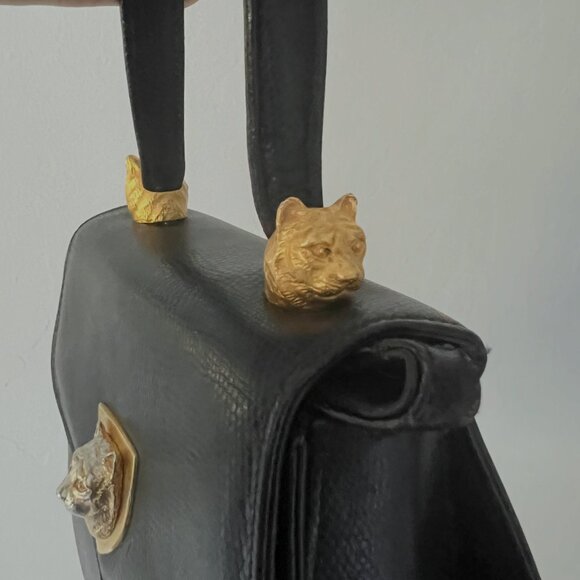 Vintage Black Leather Shoulder Bag with Gold Cat Accent Detail - Picture 3 of 11